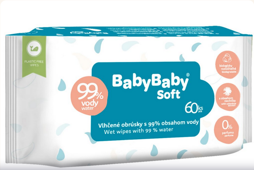 Vlhčené obrúsky, 99% voda, biodegradovateľné , 60ks